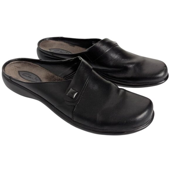 Clarks | Shoes | Clarks Black Leather Slip On Open Back Round Toe Shoes ...